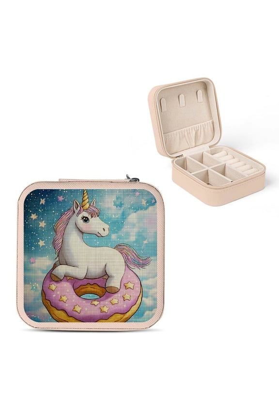 Unicorn Donut Stars Small Jewelry Box for Women Travel Case Pink