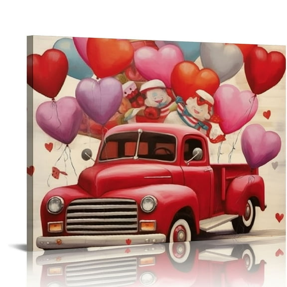 Creowell Valentine's Day Truck And Love Dwarf Red Heart Tree Romantic Rose Flower Canvas Painting Wall Art Poster Canvas Painting Picture Living Room Decor Home 20x16 in/16x12 in