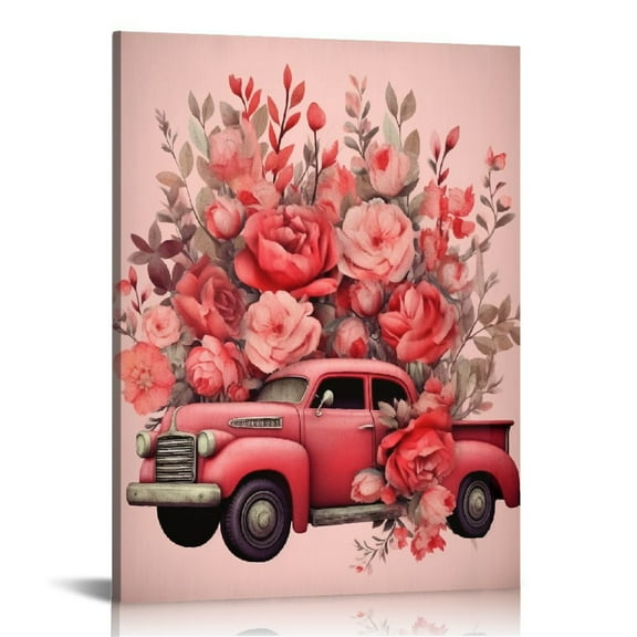 Creowell Valentines Framed Canvas Wall Art for Living Room Pink Red Truck Rose Wall Decor, Love Heart Branch Balloon Aesthetic Paintings for Bedroom , Ready to Hang Valentine Day 16x20 in/12x16 in