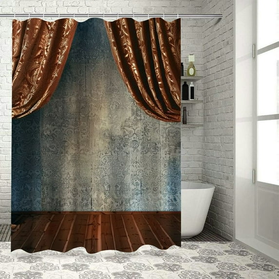 Creowell  Victorian Shower Curtain, Grand Opening Showroom with Retro Pattern Wall Classic Stage Theatrical, Cloth Fabric Bathroom Decor Set with Hooks, Burgundy White