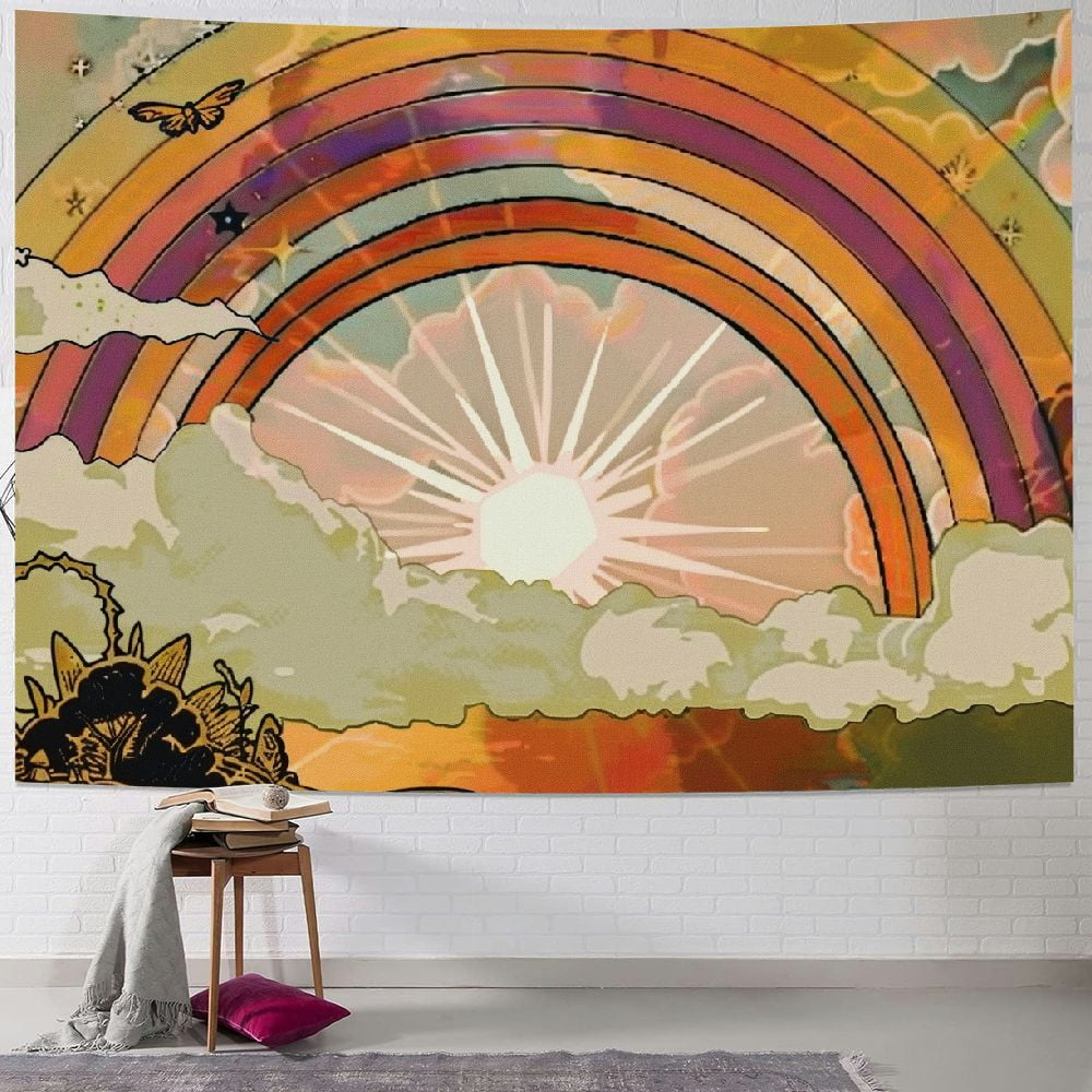 Creowell Vintage 70s 60s Groovy Tapestry Retro Flowers Clouds Sun and Rainbow Tapestry Wall Hanging Orange Boho Aesthetic Tapestry for Bedroom Living Room Dorm Decor 40x30inch Walmart