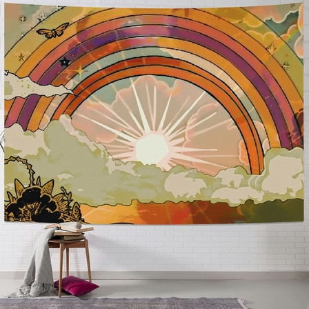 Creowell  Vintage 70s 60s Groovy Tapestry, Retro Flowers Clouds Sun and Rainbow Tapestry Wall Hanging, Orange Boho Aesthetic Tapestry for Bedroom Living Room Dorm Decor 40x30inch