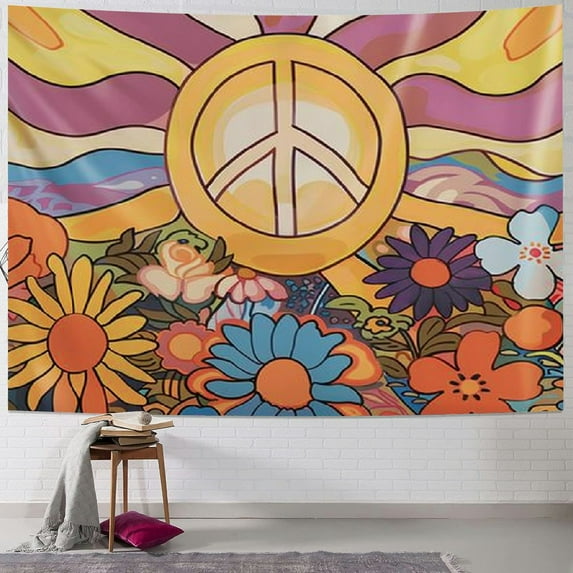 Creowell Vintage Floral Tapestry Bohemian Rainbow Orange Abstract Minimalist Groovy Boho Art Tapestry Home Decor Wall Hanging for Living Room Bedroom Dorm Painting