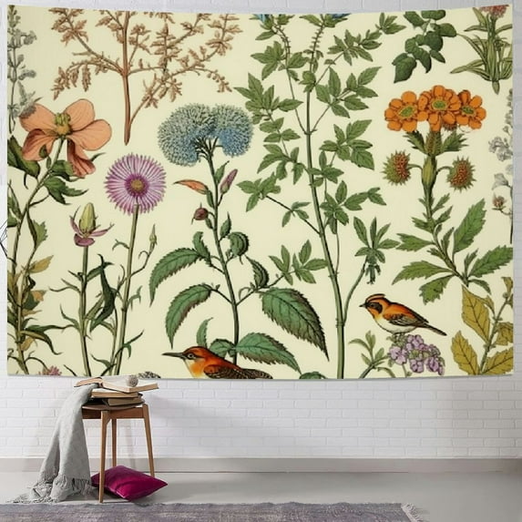 Creowell Vintage Floral Tapestry Wild Flowers Tapestries Boho Botanical Tapestry for Bedroom Aesthetic Tapestry Vertical Plant Tapestry Wall Hanging for Room(Beige) 60x50inch