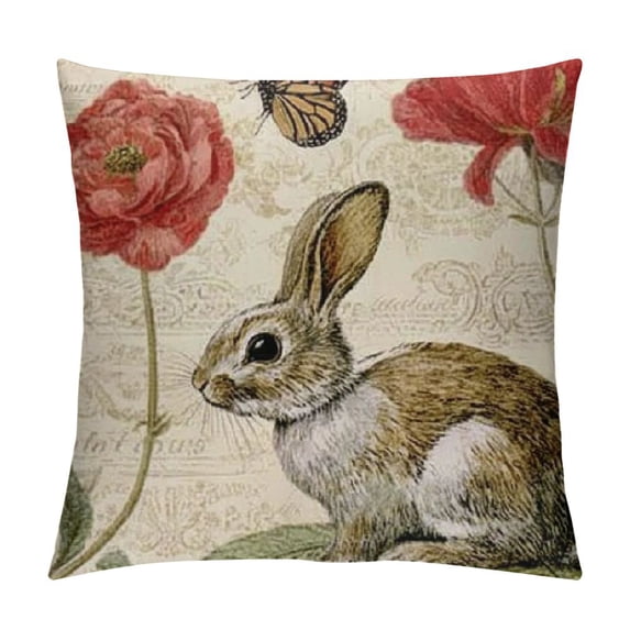 Creowell Vintage French Rabbit Throw Pillow Cover Botanical Flower Mushroom Spring Decorative Pillow Case Modern Home Decor Square Pillowcase (Retro Bunny) 12x12in