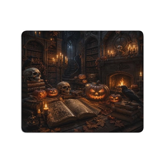 Creowell Vintage Library Raven Pumpkin Skull Candle Halloween Wall Print Mouse Pad, Square Smooth Surface Desk Mat, Stitched Edge for Office, Laptop, Computer, Home,