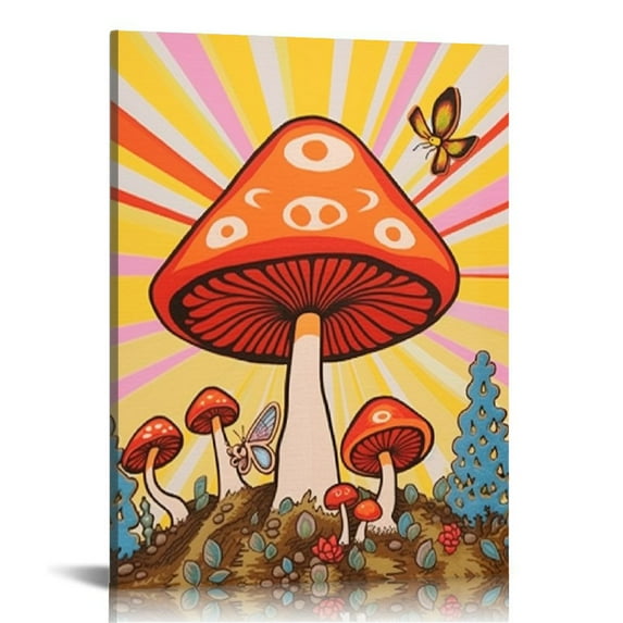 Creowell  Vintage Mushroom Sunshine Preppy Canvas Wall Art, Mushroom Poster Wall Art, Mushroom Painting Wall Decor for Teen College Girls Bedroom Dorm Preppy Room Wall Decor 16x20 in/12x16 in