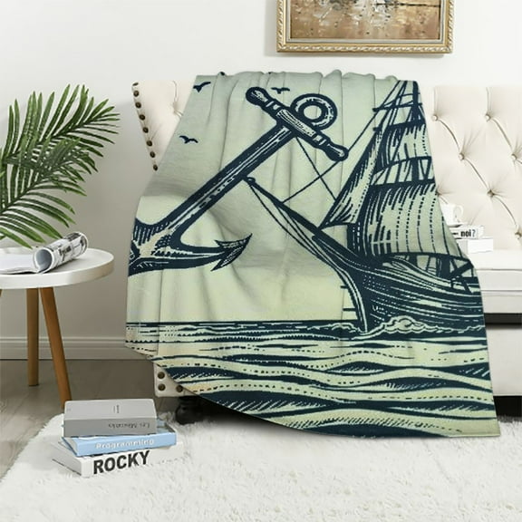 Creowell Vintage Nautical Throw Blanket Old Sailboat Anchor Plush Blanket Marine Ocean Themed Fuzzy Blanket and Throws Sea Shell Starfish Fluffy Blanket Throw White