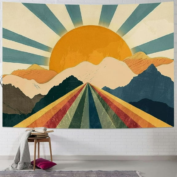 Creowell Vintage Sun Tapestry for Classroom Rainbow Boho 70s Sunshine Sunset Tapestries Wall Hanging Aesthetic Retro Tapestrys for Living Room Dorm Painting
