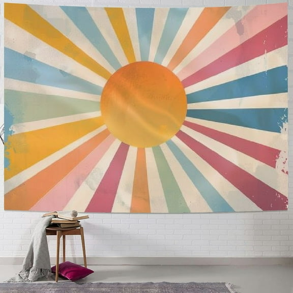 Creowell Vintage Sun Wall Tapestry Rainbow Sunrise Wall Hanging Vintage Tapestry Wall Decor Sunset Abstract Wall Print Sunset Tapestry Shining Sun Wall Decor for Living Room Nursery Bedroom 50x40inch
