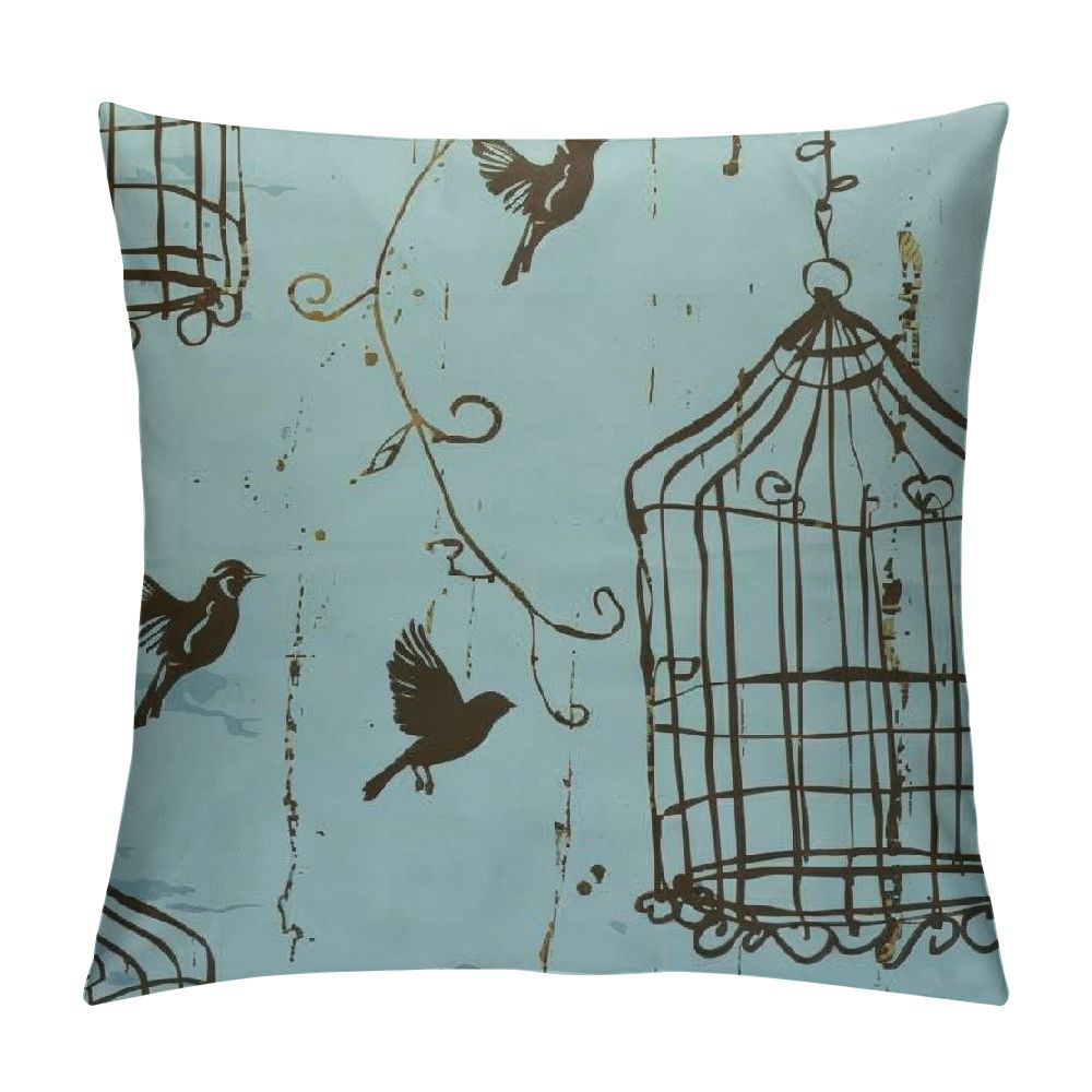 Creowell Vintage Throw Pillow Cover, Pattern Birds and Cages