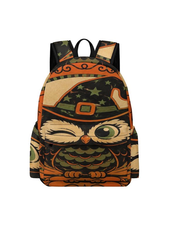 Vintage Witch Owl Bat Frame Printed Oxford Backpack, Large Capacity Laptop Backpack, Water Resistant, Travel Daypack for College Work Commuting Adults,