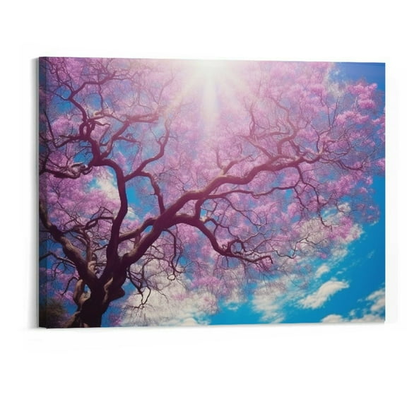 Creowell Wall Art Canvas of Blue Sky Cherry Blossom Pink Sun Leaf Tree Living Room Home Mural Paintin Canvas Painting Posters And Prints Wall Art Pictures for Living Room Bedroom Decor 20x16 Inch