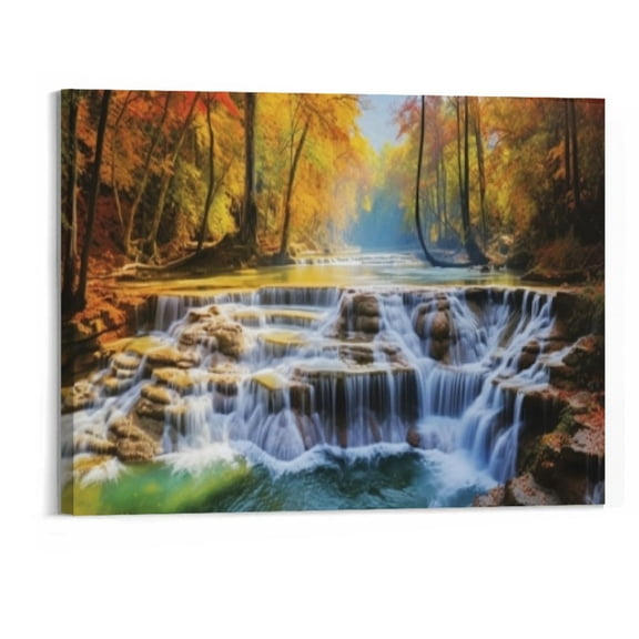 Creowell Wall Art Decor Canvas Print Picture Waterfall River Park Forest Painting Autumn Artwork for Office Home Wall Decor Stretched and Framed Ready to Hang 20x16 Inch