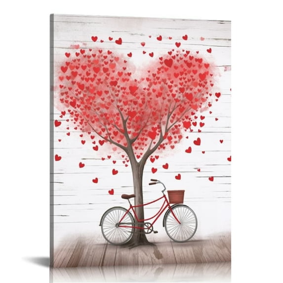 Creowell Wall Art Paintings on Canvas Print Valentine's Day Red Love Heart Bicycle on Rustic Grain Artwork Home Decoration Living Room Bedroom Bathroom Walls Decor, Ready to Hang 16x20 in/12x16 in