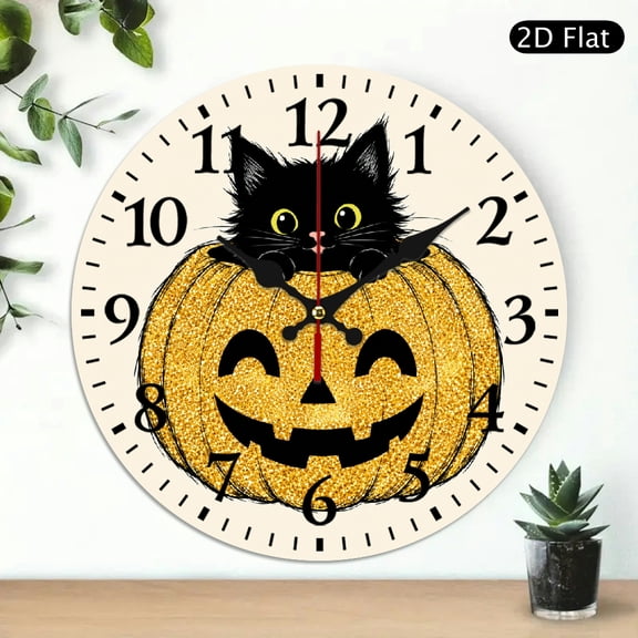 Creowell   Wall Clock Battery Operated, Glitter Pumpkin Black Cat Cartoon Print, Battery Operated (AA Not Included) Silent Mechanical Movement - Lobby Corridor Dining Room Bedroom Office Classroom