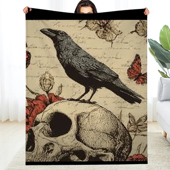 Creowell Warm Cozy Decorative Flannel Blanket Bird Skull Butterflies 30*40in
