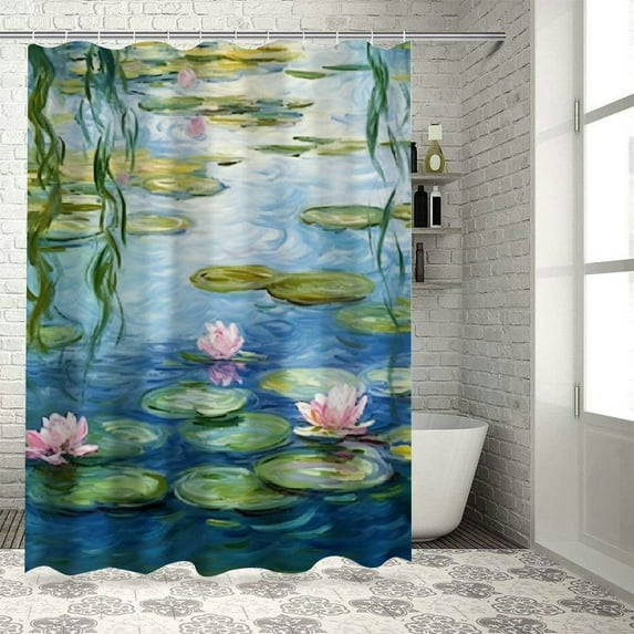 Creowell Water Lilies Willow Branches Pretty Shower Curtain Bathroom Decor 100% Polyester Fiber Chic Modern Washable Curtain with Hooks 69x72