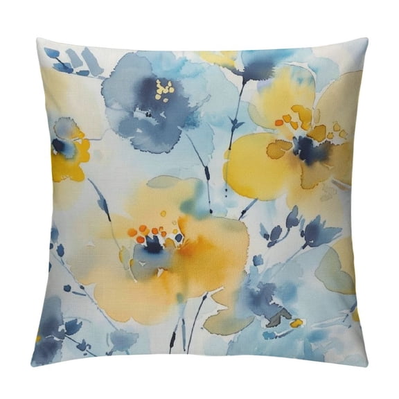 Creowell Watercolor Abstract Yellow Blue Flower Throw Pillow Covers Floral Spring Seamless Pattern Art Painting Square Pillowcases for Home Decor Sofa Car Bedroom Pillow case