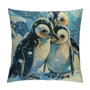 Creowell Watercolor Cartoon Penguin Throw Pillow Cover,Winter Outdoor Adventure Abstract Snowflake Cushion Cover for Camper Office,Kawaii Wild Animals Pillowcase Outdoor Pillow Cover White