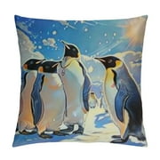 Creowell Watercolor Cartoon Penguin Throw Pillow Cover,Winter Outdoor Adventure Abstract Snowflake Cushion Cover  for Camper Office,Kawaii Wild Animals Pillowcase Outdoor Pillow Cover White