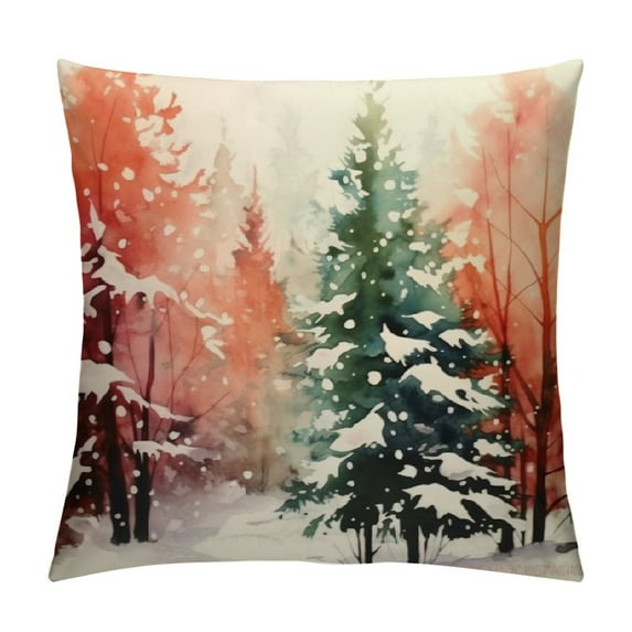 Creowell Watercolor Christmas Tree Pillow Covers - Red Green Xmas Pine Trees Decorative Pillow Cases for Winter Holiday Indoor Home Decor Couch Sofa Bed