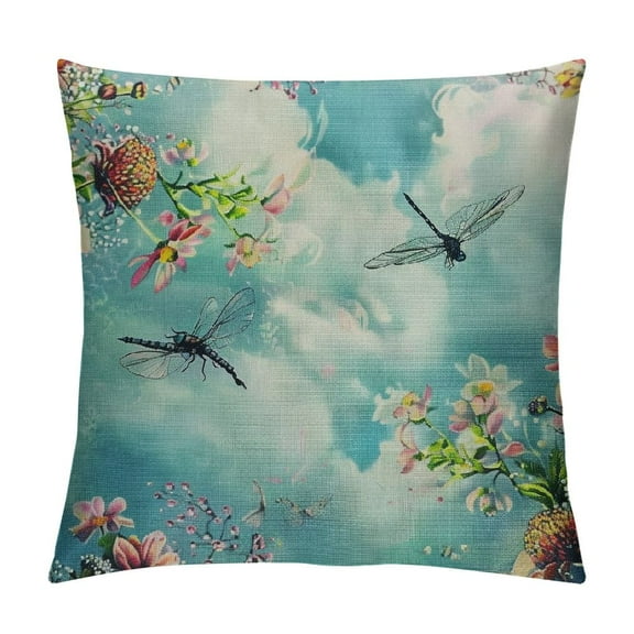 Creowell  Watercolor Flowers Dragonfly Farmhouse Pillow Cover  Decorative Square Throw Pillow Cover for Sofa Couch Decoration 20x20in