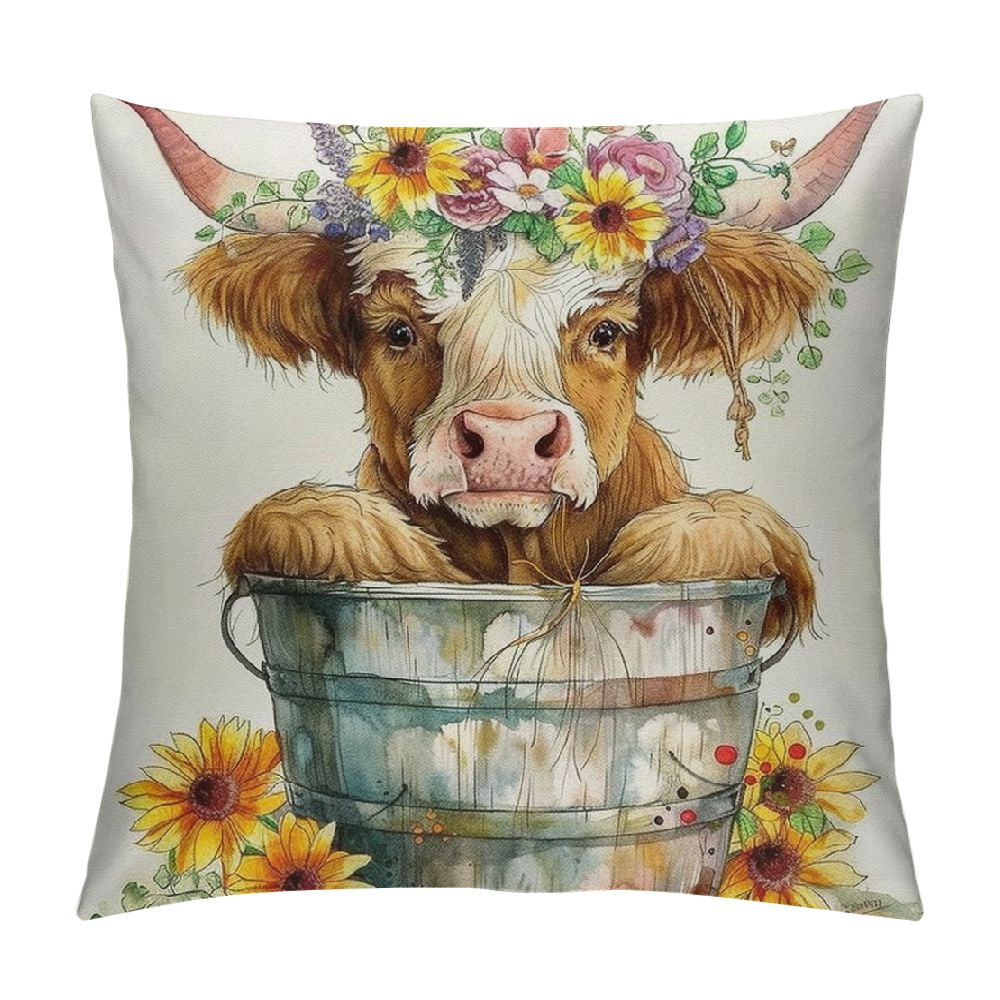 Creowell Watercolor Highland Cow Pillow Covers Rustic Farmhouse Throw ...