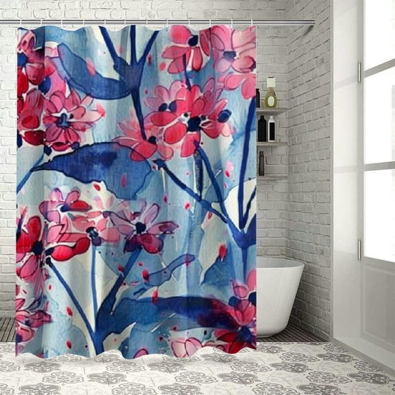 Creowell Watercolor Painted Flowers Shower Curtain Sets,Red and Blue Blossom Meadow Umbelliferous Plant Bathroom Curtains,Modern Minimalist Bath Curtain,Waterproof Fabric with White