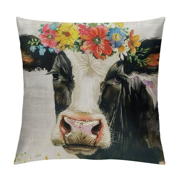 Creowell Watercolor Painting Dairy Cow Throw Pillow Cases Adorable Farm Animals with Flower Wreath Decorative Pillow Cushion Covers  Rustic Farmhouse Chair Decor Square  Pillowcase