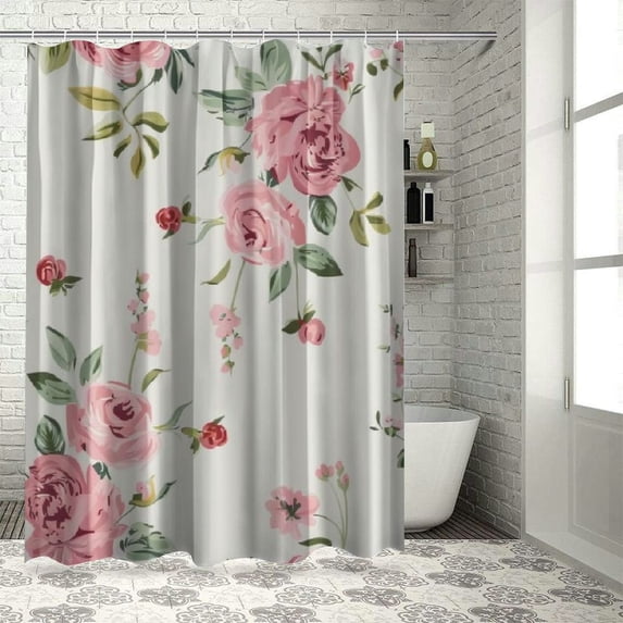 Creowell Watercolor Vintage Floral Shower Curtain, Blush Pink Peach Rose Blossom,Polyester Fabric Valentines Day Bathroom Decor Set with Hooks 69x72