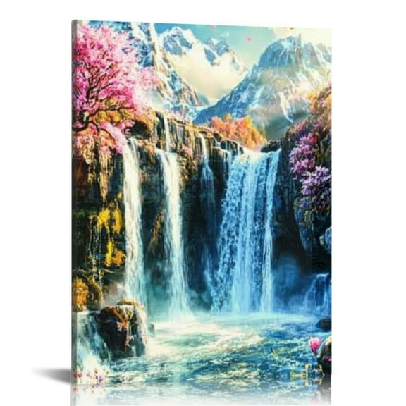 Creowell Waterfall Flowers Trees Canvas Print Wall Art Home Decor 12x16in