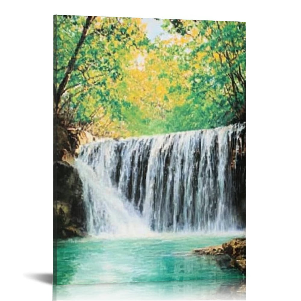 Creowell Waterfall Forest Green Water Print Canvas Wall Art Decor ...