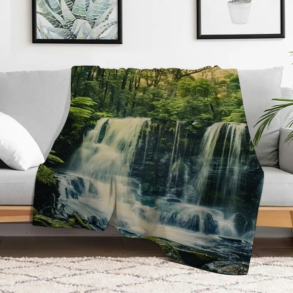 Creowell Waterfall Forest Moss Durable Soft and Warm Flannel Blanket, Flannel Fuzzy Fluffy Soft Cozy Blanket for Sofa, Travel, Camping, Bed, Chair - Multi-purpose Gift Blanket for All Season 30x40in