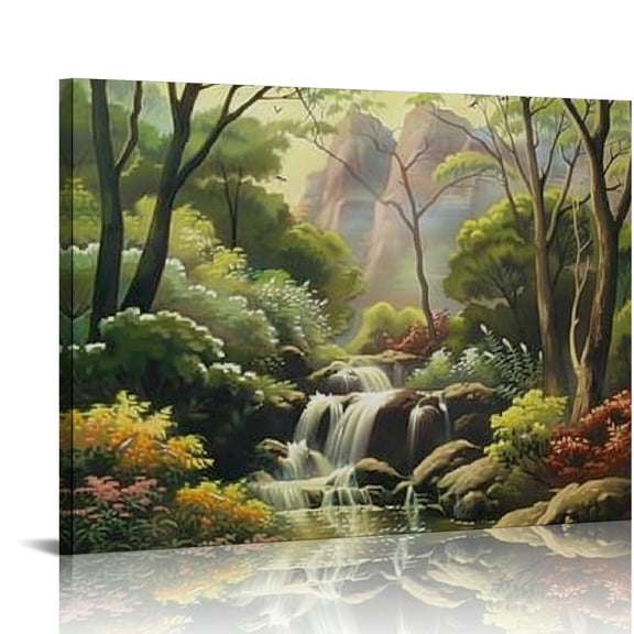 Creowell Waterfall Forest Stream Canvas Wall Art Decor Ready To Hang 16x12in