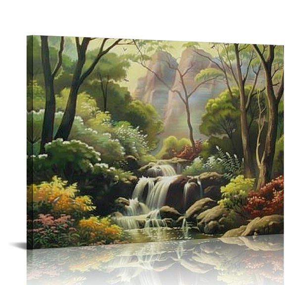 Creowell Waterfall Forest Stream Canvas Wall Art Decor Ready To Hang 20x16in