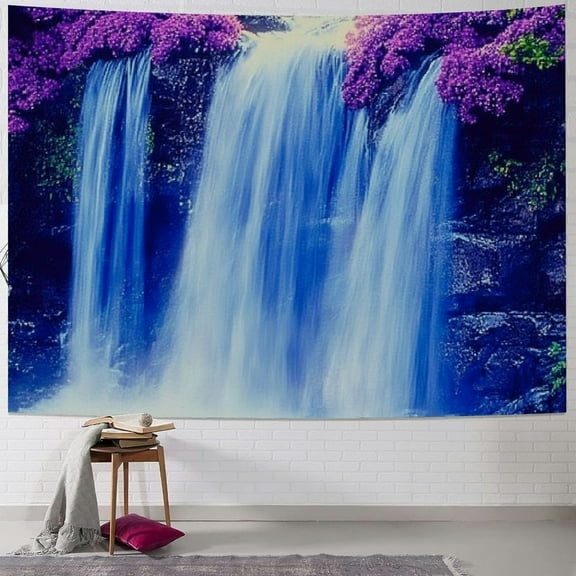 Creowell  Waterfall Tapestry Purple Forest Wild Flowers Floral Mountain Jungle Plants Nature Landscape Wall Hanging Bedroom Living Room Hanging Decorative Blanket 40x30inch