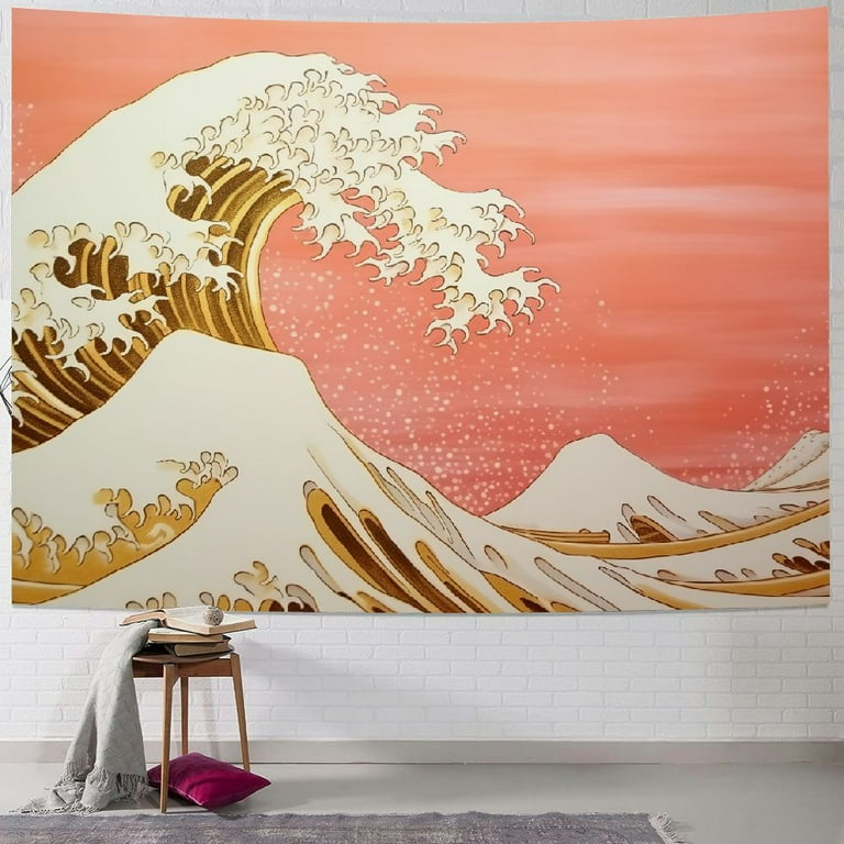 Creowell Wave Tapestry Pastel Pink and Gold, Japanese Tapestry for