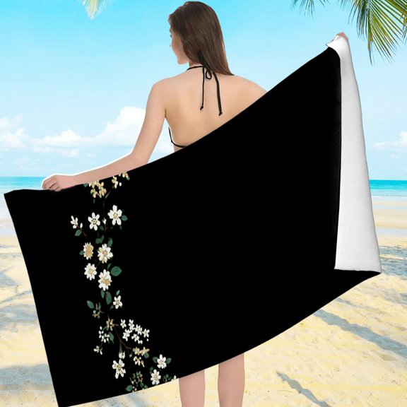 Creowell White Blossom Crescent Wreath Travel Beach Towel, Machine Washable Ultra-Soft Microfiber Beach Pool Great Gift