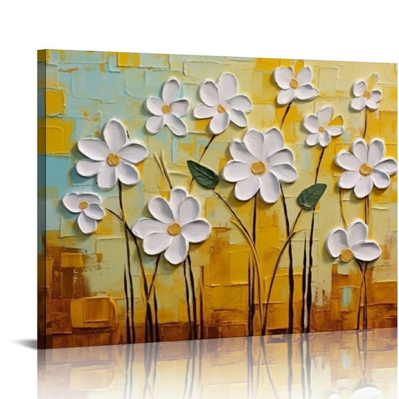 Creowell  White Floral Canvas Wall Art Heavy Textured Paintings Teal and Yellow Pictures Contemporary Artwork for Living Room Bedroom Dinning Decor 20x16 in/16x12 in
