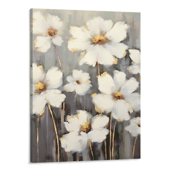 Creowell White Flower Canvas Wall Art: Gold Floral Picture for Living Room, White Flowers Painting Bedroom Bathroom Decoration - 16x20 Inch