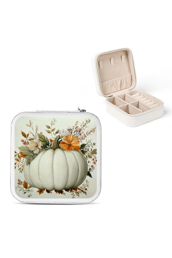 White Pumpkin Flowers Leaves Small Jewelry Box for Women Necklace Ring Earring Storage Case White