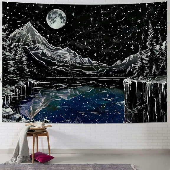 Creowell  and White Tapestry Starry Night Mountain Tapestries for Bedroom Aesthetic Moon and Stars Tapastry's Wall Hanging Dark Nature Forest Wall Tapestry for Living Room Dorm  40x30inch