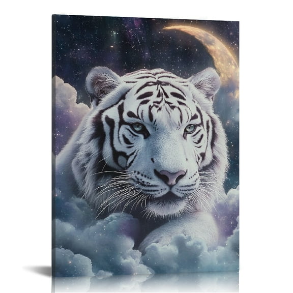Creowell White Tiger Moon Clouds Canvas Wall Art Home Decor 12x16in