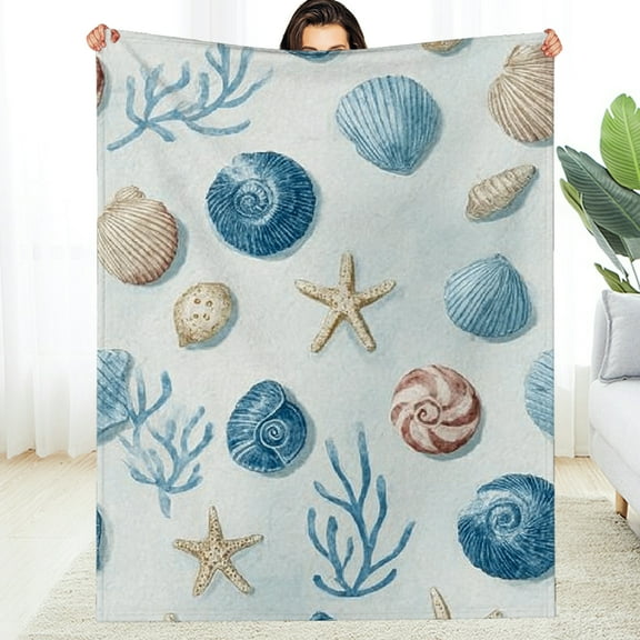 Creowell Wicked Nautical Coastal Blanket ,Cozy Throw with Seashell Coral Blue and Beige Beach Design,Soft Lightweight Gifts Blankets for Adults,Sofa Bed Travel Living Room Decor 30*40in