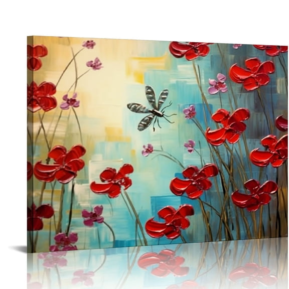 Creowell Wieco Dragonfly Floral Oil Paintings on Canvas Wall Art Ready to Hang for Bedroom Kitchen Dining Room Home Decor 20x16in