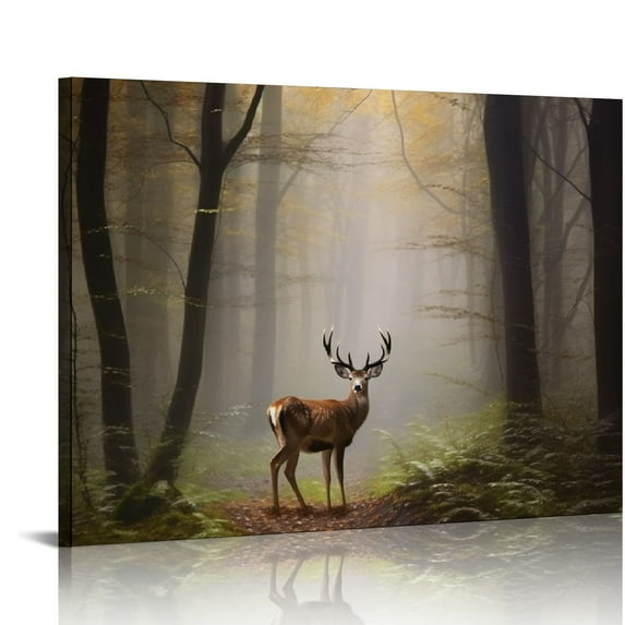 Creowell Wild Animal Landscape Canvas Wall Art Deer in Autumn Foggy Forest Picture Wall Decor Elk Wildlife Scenery Photo Prints Painting Decor for Modern Living Room Bedroom Home Art 20x16 in/16x12 in