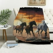 Creowell Wild Horses Blanket Horse Blanket Throw for Boys Men Horses Running at The Beach Print Fuzzy Blanket for Couch Bed Throw TV Blanket Horse Lovers Gifts White