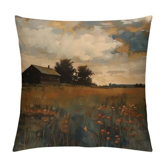 Creowell Wildflower Field Landscape Pillow Covers Vintage Landscape Throw Pillows, Country Field Outdoor Pillowcase Vintage Landscape Cushion Case Decor for Home Sofa Couch Bed Soft and Durable White