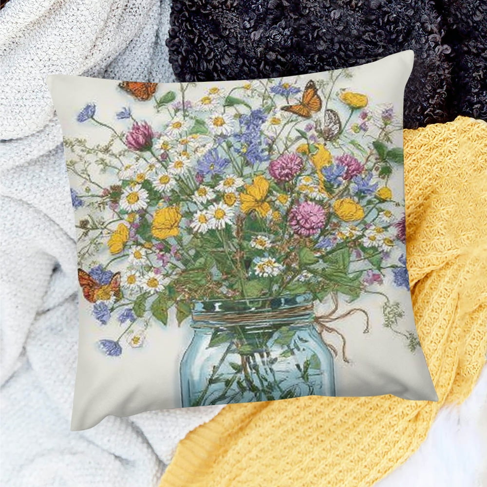 Creowell Wildflowers Butterflies Decorative Pillow Case for Sofa